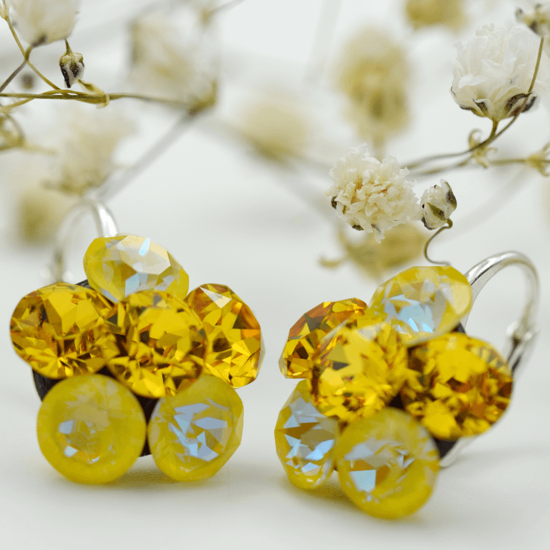 Margeluta.dincristal Chaton Flower cercei argint leverback galben