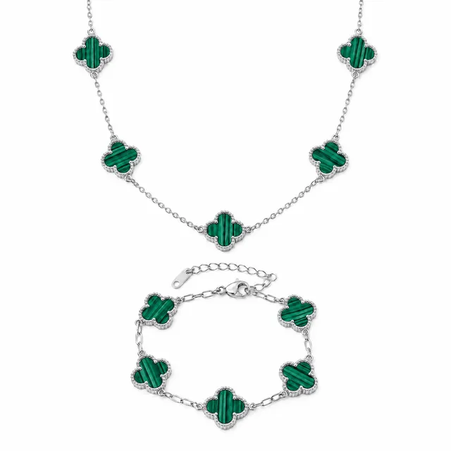 Rafini Flower Verde set colier + brățară argintiu