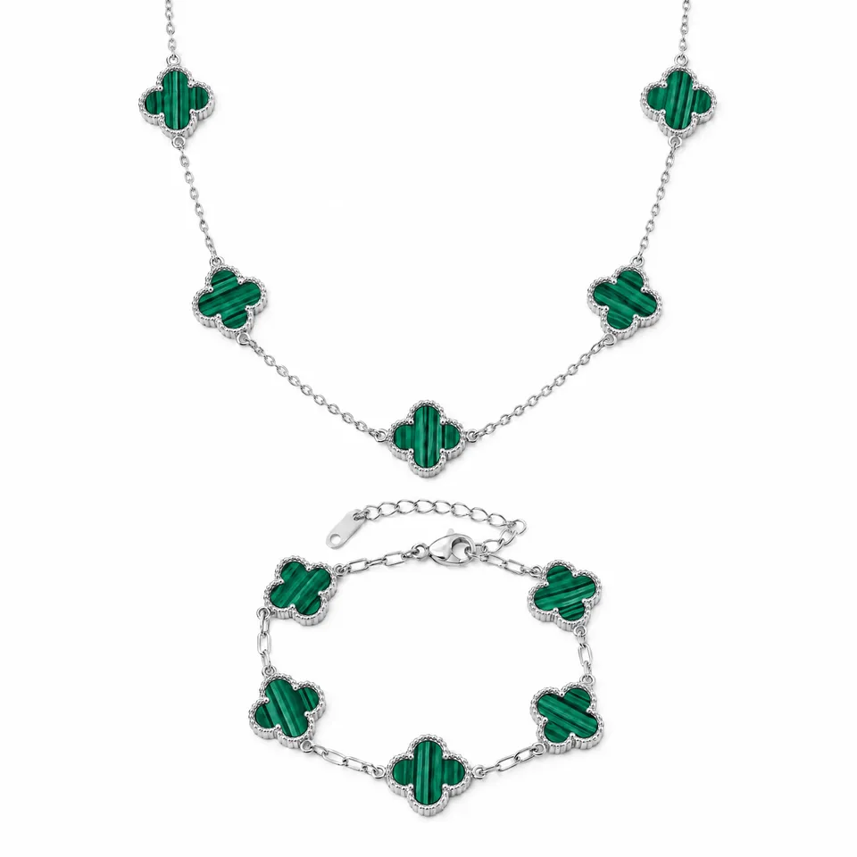 Rafini Flower Verde set colier + brățară argintiu