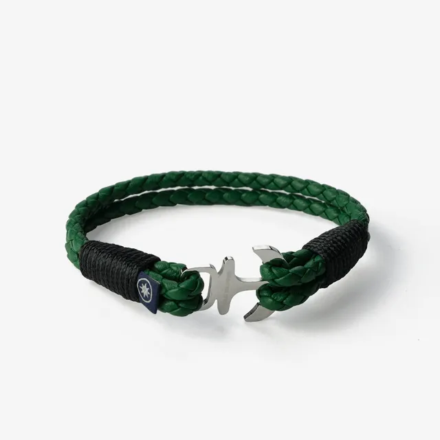 Old Skipper Meadow Breeze bratara piele verde ancora impletita