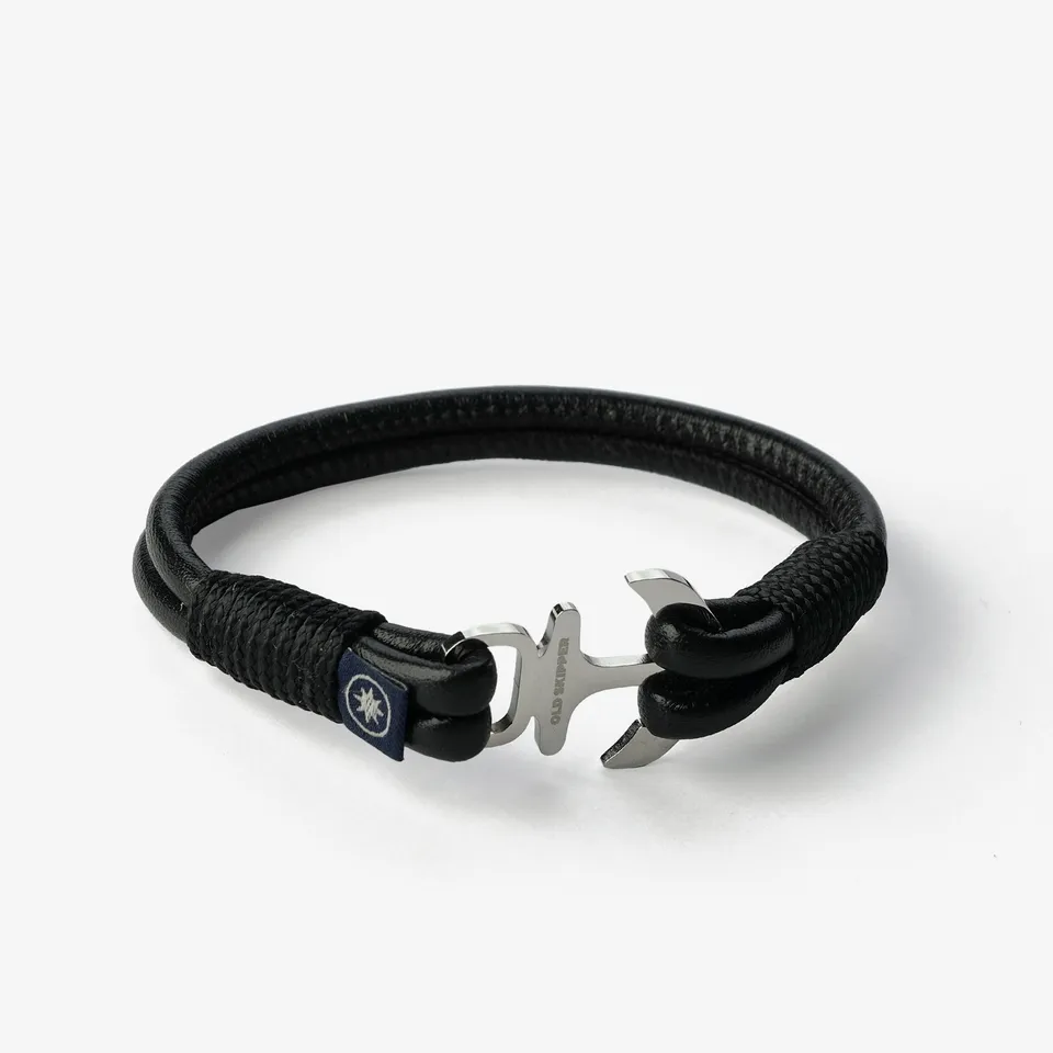 Old Skipper Black Metallic bratara piele nappa ancora negru