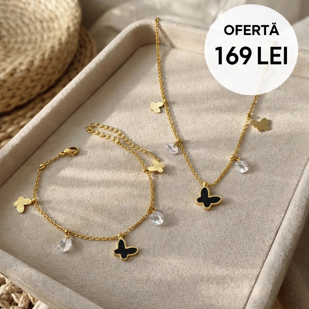 Rafini Butterfly Black set lanț + brățară aur 18K