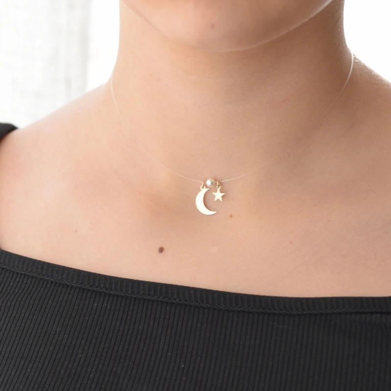 Margeluta.dincristal Luna si Steluta colier Aur 14k fir transparent