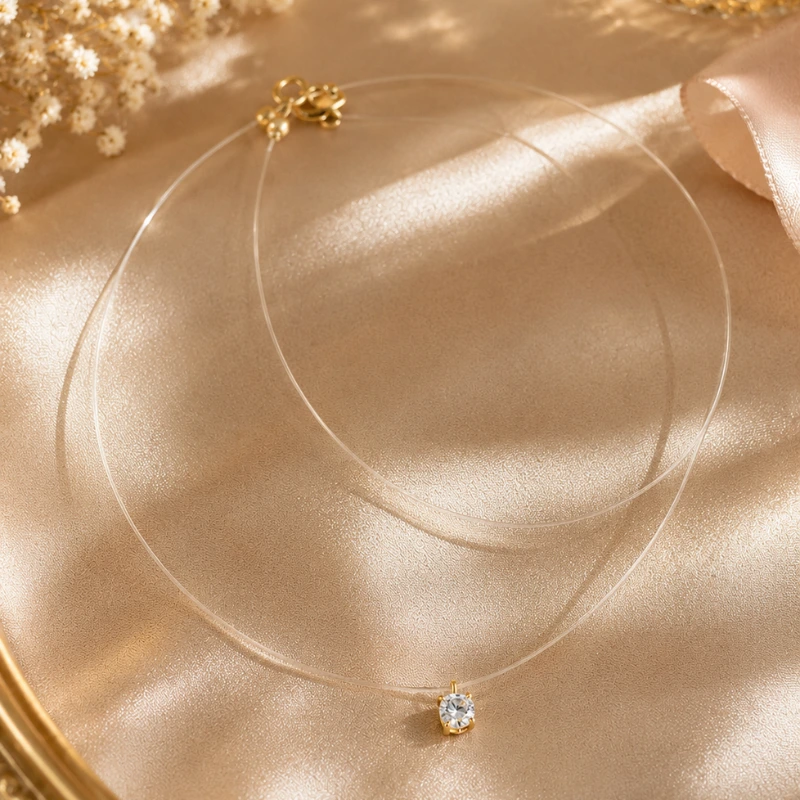 Margeluta.dincristal Fir Transparent colier aur 14k mărgeluță