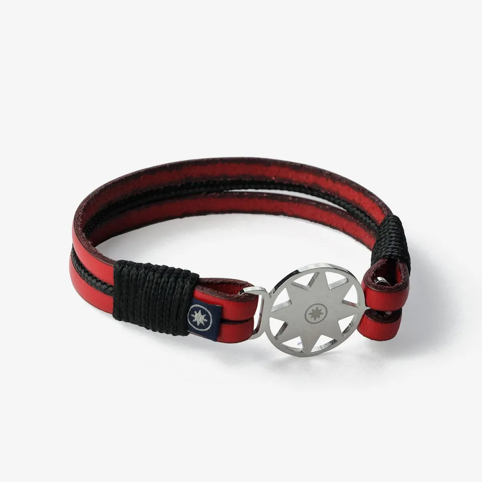 Old Skipper Scarlet brățară piele stea nordului roșu-negru