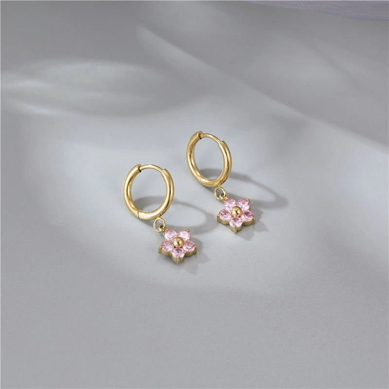 Rafini Pink Flower cercei placati aur 18K