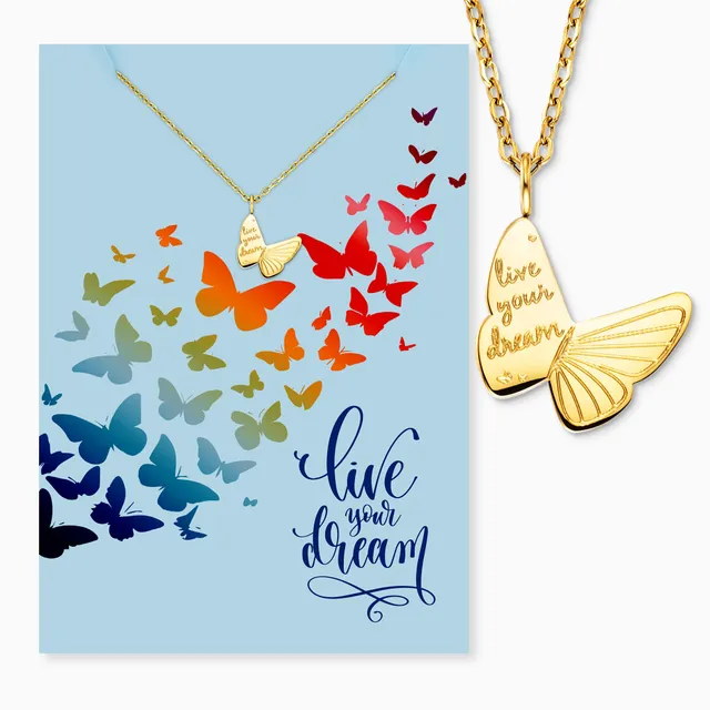 MySteel Live your Dream colier oțel auriu cu felicitare