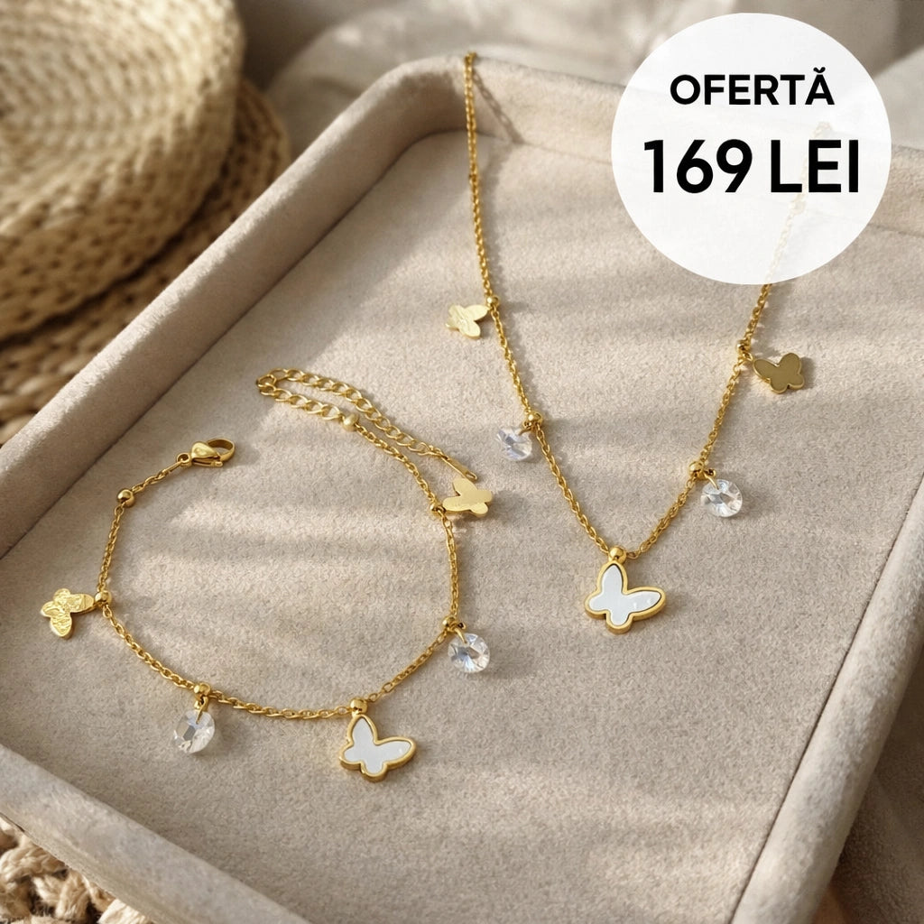 Rafini Butterfly White set lantisor + bratara 18K