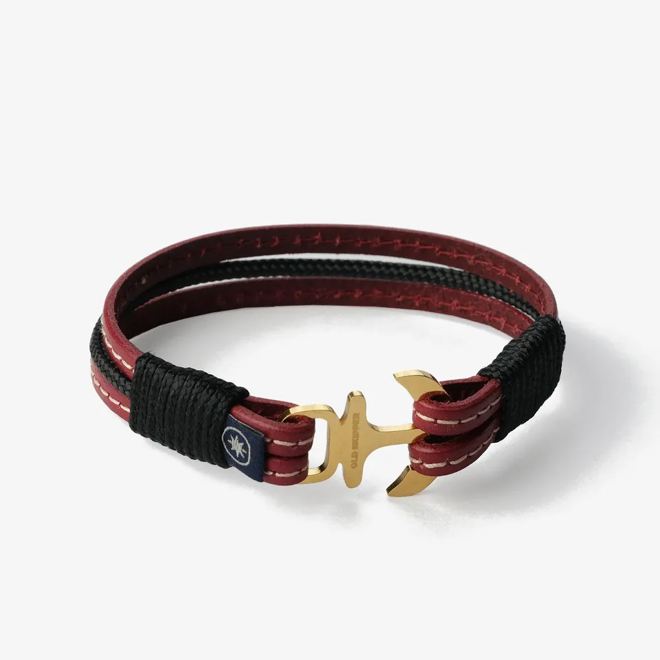Old Skipper Crimson Vine brățară piele vișinie ancoră aurie