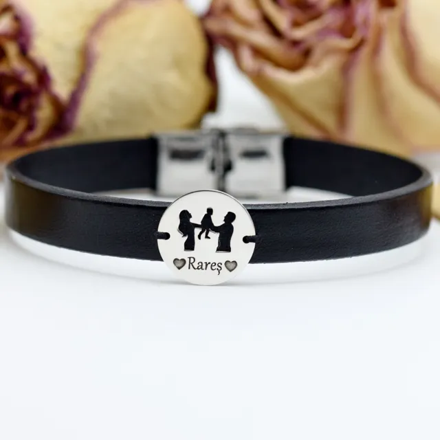 Margeluta.dincristal Bratara piele Familie banut argint personalizat