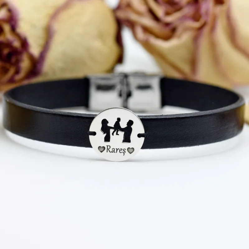 Margeluta.dincristal Bratara piele Familie banut argint personalizat