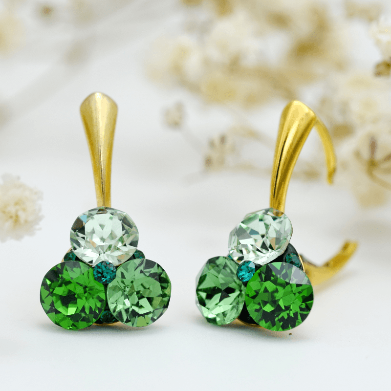 Trio Chaton Cercei verzi argint 925 suflat aur cristal Swarovski